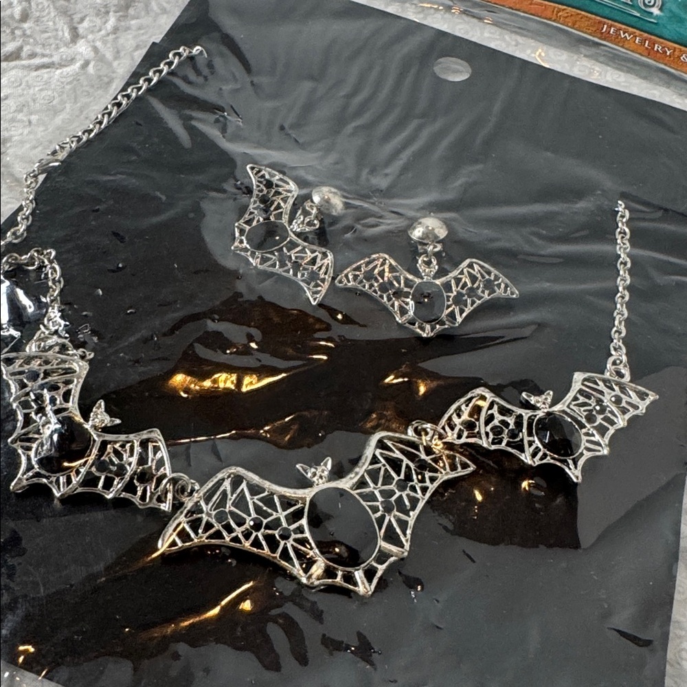 Bat necklace and clip on earring, set fashion jewelry NWT
